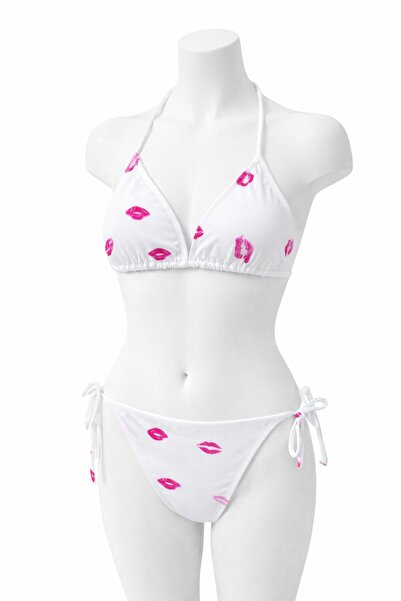 VAJESTO Set de bikini triunghi alb Kiss pentru femei material elastic Flexibi...