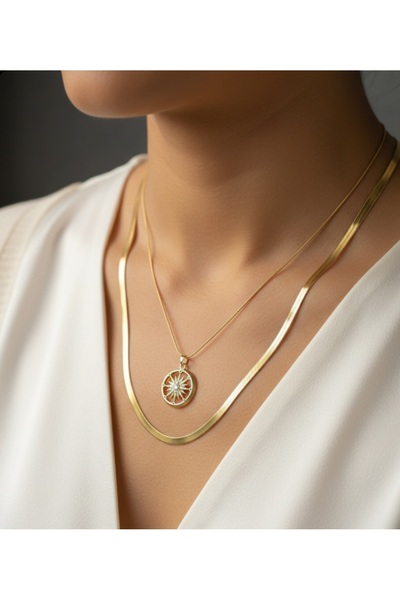 FİRST JEWELRY Kuzey Yıldızı İtalyan Zincir Kombin Takı Çelik Gold Kadın Kolye