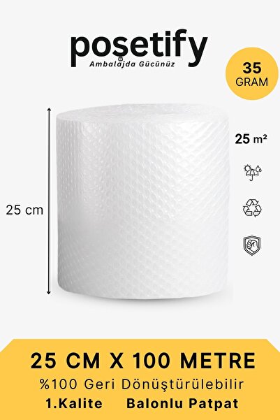 POŞETİFY 25 cm x 100 m Balonlu Naylon Patpat | 1. sınıf | 3 Katlı | 25 m2 | 3...