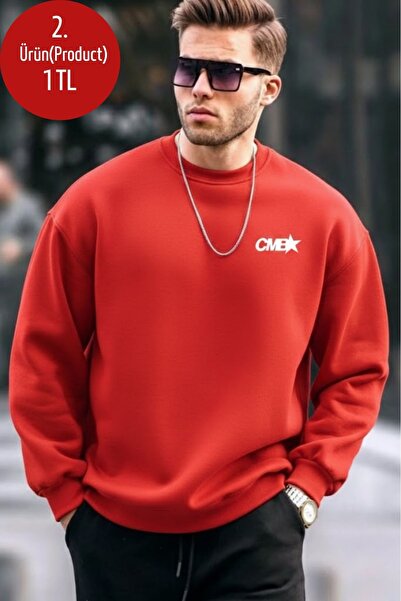 COMBİNE MİCHAİL Chest Printed Cotton Men's Red Sweatshirt