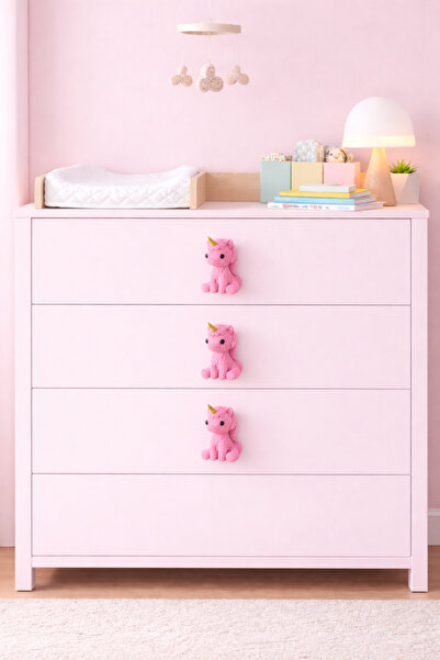 Rekatech PEMBE UNICORN Çocuk Odası Örgü Desenli Dekoratif Çekmece Kulpu Hayva...