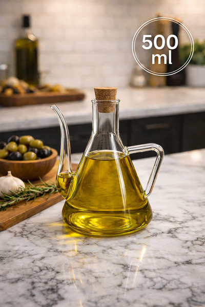 MİMOZA PARK 500ml Mantar Kapaklı Şeffaf Cam Yağdanlık Tasarım Borosilikat Cam...