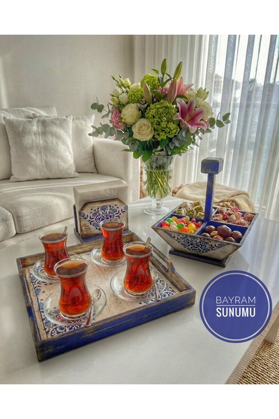 buraxe El yapımı ahşap, çini desenli sunum seti,tepsi+şekerlik/lokumluk +peçe...
