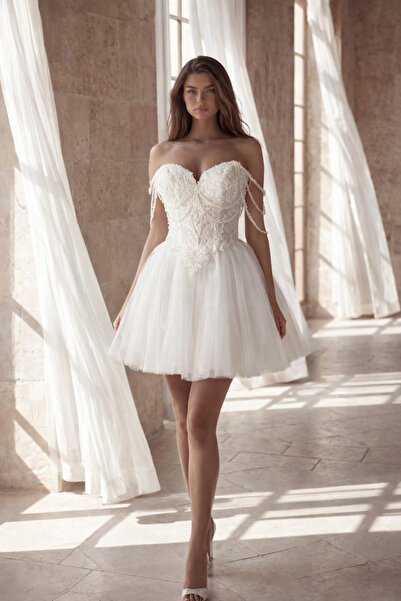 MEDUSA Evelis After Düğün Nikah Nişan Beyaz Mini Tüllü Kısa Elbise
