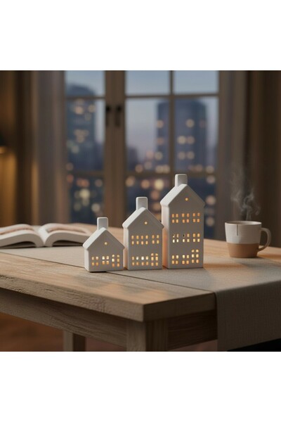 Binbirdemet Seramik 3'lü Set Ev Figürlü Dekoratif Mumluk Beyaz