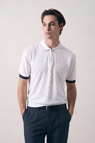 İLKCET MODA Baklava Patterned White Zippered Men's Knitwear T-Shirt