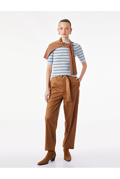 Koton Slim Fit Suede Look Trousers with Belt Detail