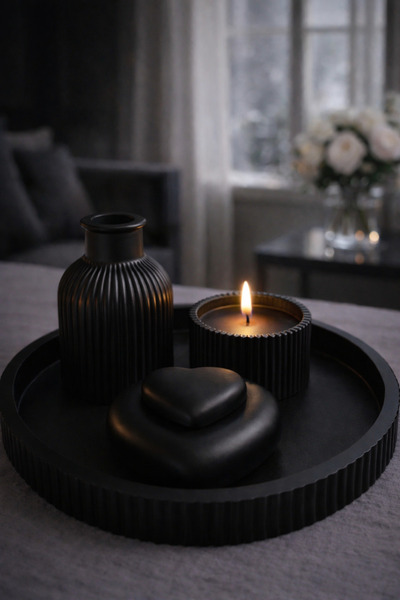 YİĞİTER El Yapımı Siyah 3’lü Dekoratif Mum Seti & Sunum Tepsisi | Modern Mini...