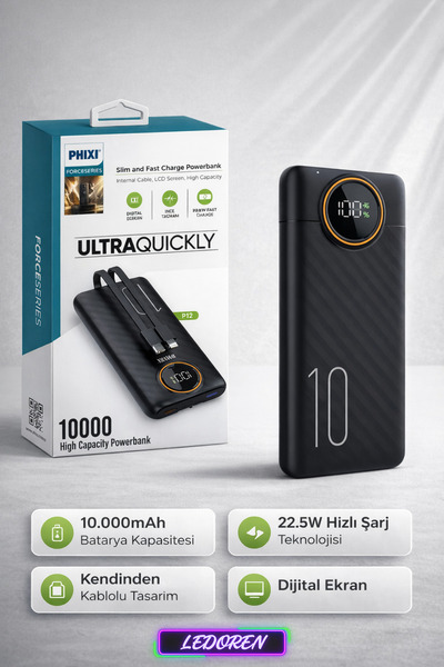 L'eDoren P12 10000mAh 22.5W Hızlı Şarj Cihazı - Fast Powerbank - Dijital Ekran - Taşınabilir Şarj Cihazı