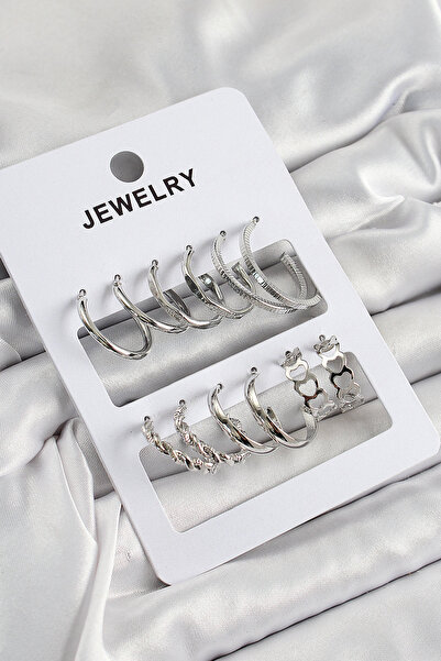 Skygo Brass Mixed Ring Model Silver Color 6 Pairs Women's Earrings Set - Tj-B...