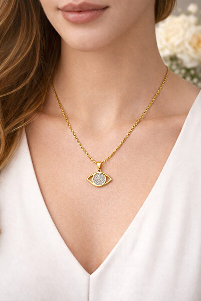 Çelik Golden Eye Zarif Kolye-316L Kolye- Alerji Yapmaz-Kararmaz