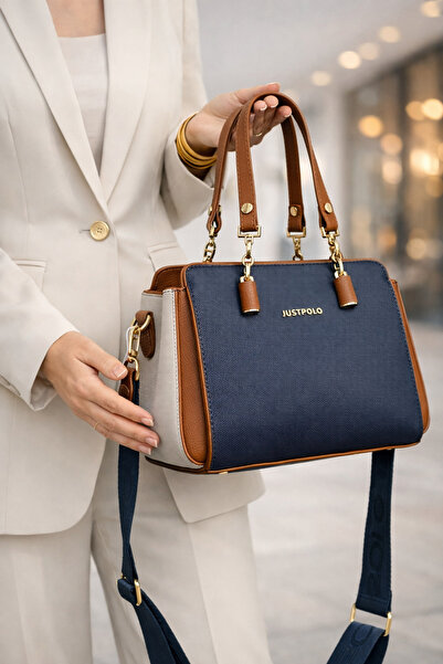 Just Polo حقيبة يد وكتف نسائية أصلية باللون الأزرق الداكن