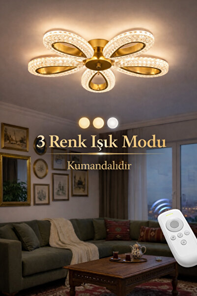 Marsel Lighting YAGMUR 5Lİ GOLD KUMANDALI AVİZE PLAFONYER AVİZE 3 RENK LED IS...