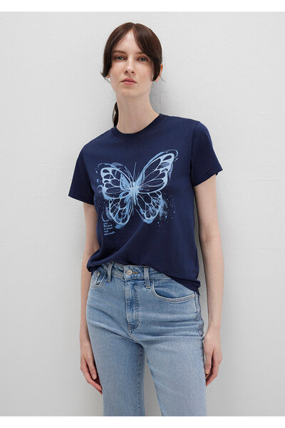 Mavi Marineblaues T-Shirt mit Schmetterlingsdruck, halb schmale Passform / ha...