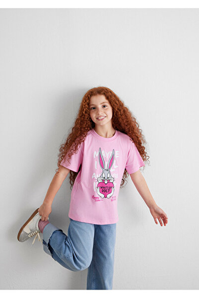Mavi Bugs Bunny Baskılı Pembe Tişört Loose Fit / Bol Rahat Kesim 7610303-71038