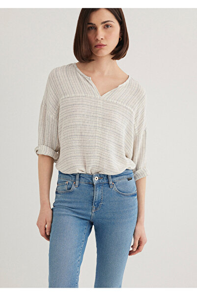 Mavi Gestreifte beige Bluse aus Leinenmischung 1210328-83905