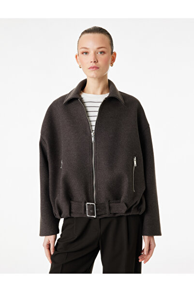 Koton Long Sleeve Belt Detailed Pocketed Zippered Oversize Cashmere Bomber Ja...