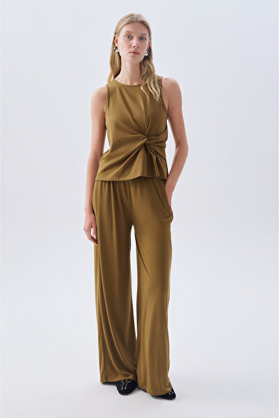 Mudo Modal Mixed Fabric Waist-Tie Wide Leg Pants