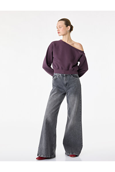 Koton Üç İplik Şordonlu Uzun Kollu Asimetrik Yaka Omzu Açık Sweatshirt