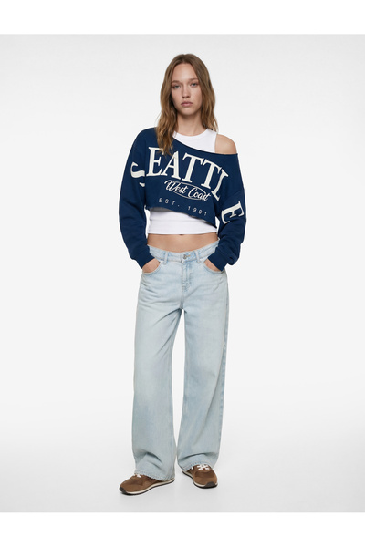 Koton Oversized Off-Shoulder Short Sleeve Printed Crop T-Shirt