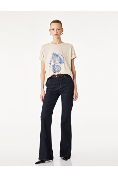 Koton Tricou cu mânecă scurtă din bumbac, cu decolteu, cu imprimeu de scoici