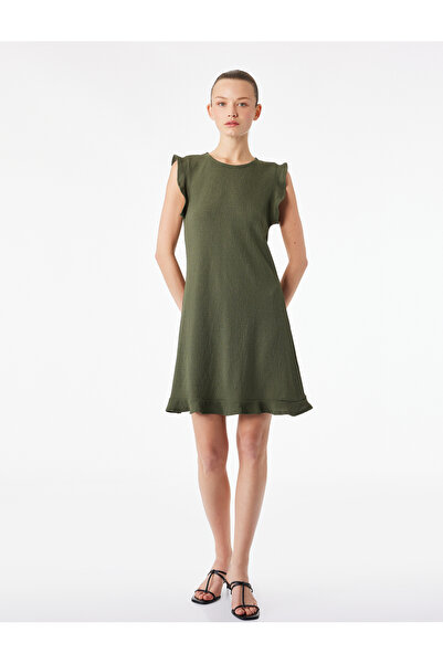 Koton Crepe Scuba Fabric Sleeveless Crew Neck Ruffle Mini Dress