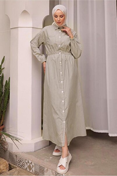 TRENDTESETTÜR KADIN BEJ ÇİZGİLİ TESETTÜR ELBİSE T 2002