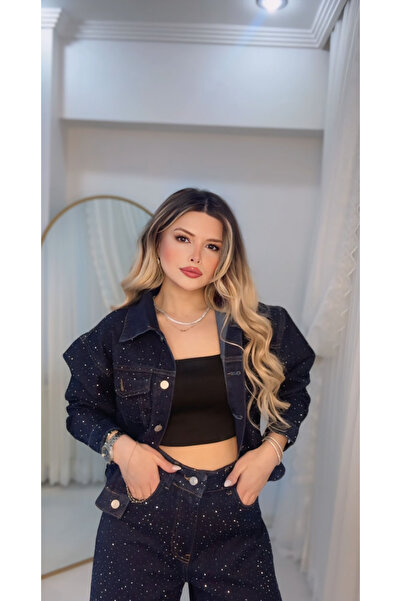 DENİZ Lacivert Premium Full Taşlı Denim İkili Takım