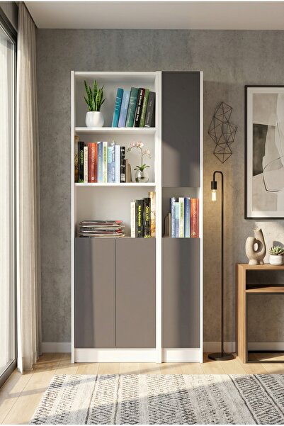 YETİ MOBİLYA Flat85 Kitaplık 4 Kapaklı Kütüphane Çok Amaçlı Dolap Beyaz Antrasit