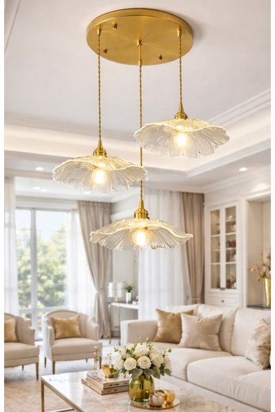 burenze Modern Tasarım Vintage Boheme El Yapımı Şeffaf Camlı Üçlü Sarkıt Aviz...