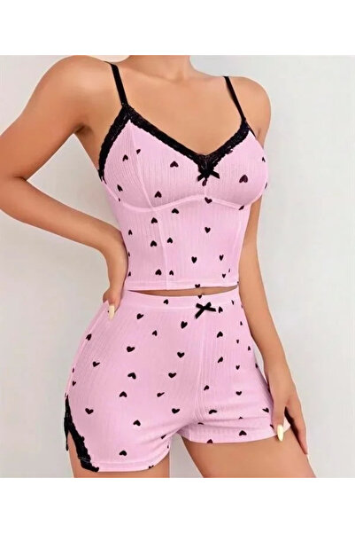 AMORA SECRET Special Design Pink Heart Patterned Straped Shorts Pajama Set