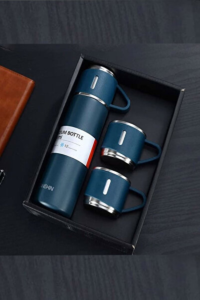 Genel Markalar Paslanmaz Çelik Termos Mavi Renk 3 Bardaklı Termos Seti Vakuml...