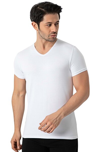 LÜXDRM LuxDrm 3905 Erkek Bambu V Yaka Likralı Atlet T-shirt Beyaz ld3