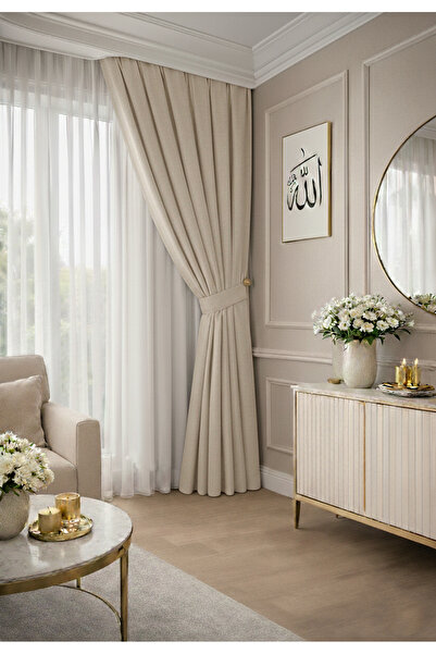 NS Ehli Tacir Bej Pileli Fon Perde Petek Kadife Dokulu Yüksek Kalite