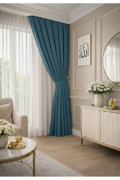 NS Ehli Tacir Petrol Blue Pleated Background Curtain Honeycomb Velvet Texture...
