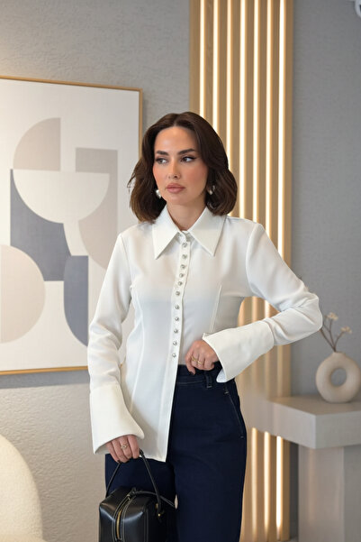 SHILSEE BEUTİQUE Women's Crepe Fabric Body Fit Shirt with Cuffs and Buttons Ecru