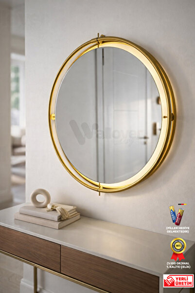 Wallover Design Liesta Gold 50 Cm Metal Çerçeve Kablosuz Pilli Led Ayna, Maky...