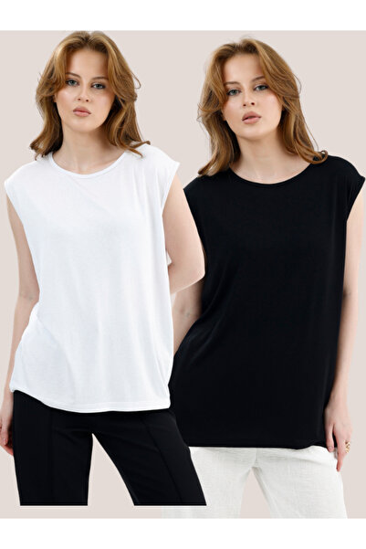 dgs look 2-Pack Black-White Women's Sleeveless Oversized Undershirt Blouse