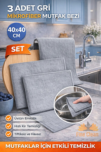 Fine Clean 3 Adet Sihirli Mikrofiber Kareli Gri Mutfak Bezi Leke Tutmaz Miss ...