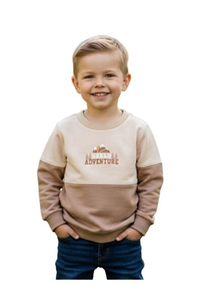 Erkek Çocuk 2 İplik Pamuklu Sweatshirt Adventure Baskılı Renk Bloklu Mevsimlik Üst