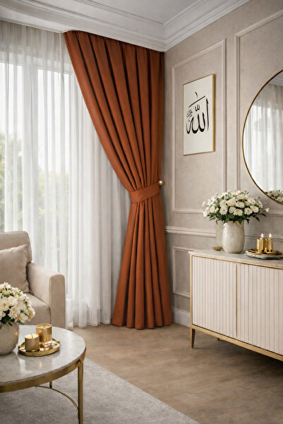 NS Ehli Tacir Kiremit Rengi Lüks Pileli Fon Perde Petek Kadife Dokulu Yüksek ...