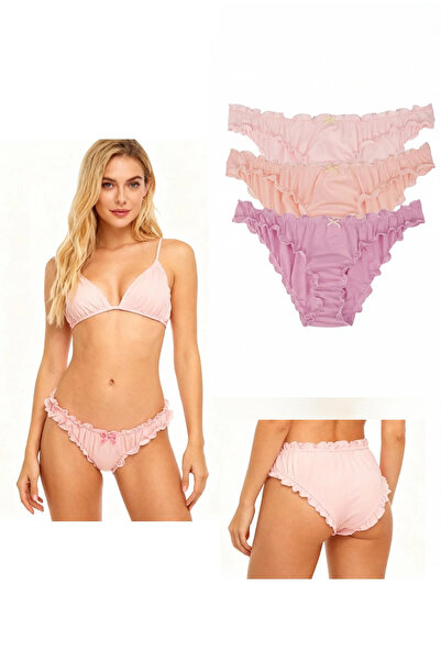 Dominant Kadın 3'lü Paket Pamuklu Fırfırlı Bikini Külot Seti - Somon Mor Pembe