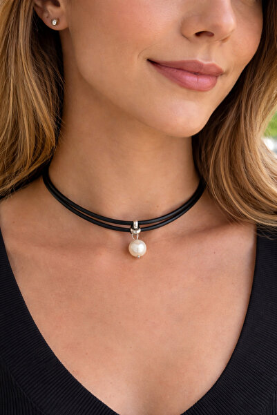 Kutcha Accessories Tek Incili Ayarlanabilir Siyah Renk Kadın Şık Kolye