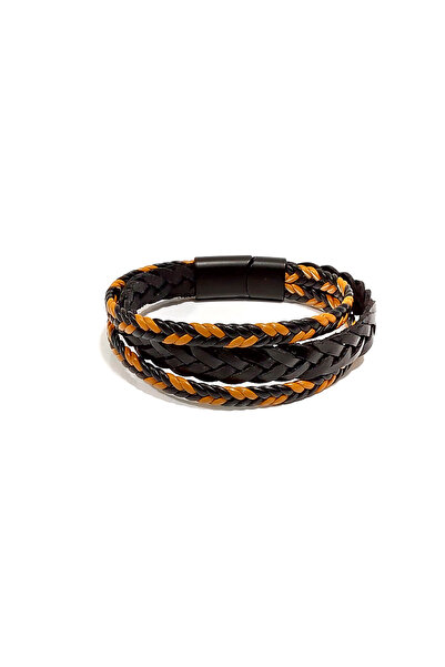 Herşey Nota Brown and Orange Genuine Leather Herringbone Knitted 3 Layer Men'...