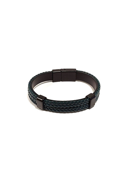Herşey Nota Men's Leather Braided Detailed Double Layer Bracelet |   Black Ge...