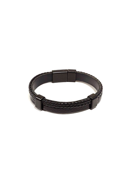 Herşey Nota Double Row Black Braided and Genuine Leather Men's Bracelet |   S...