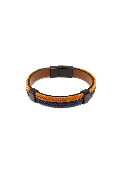 Herşey Nota Tan Navy Blue Mixed Knitted Genuine Leather Men's Bracelet |   St...