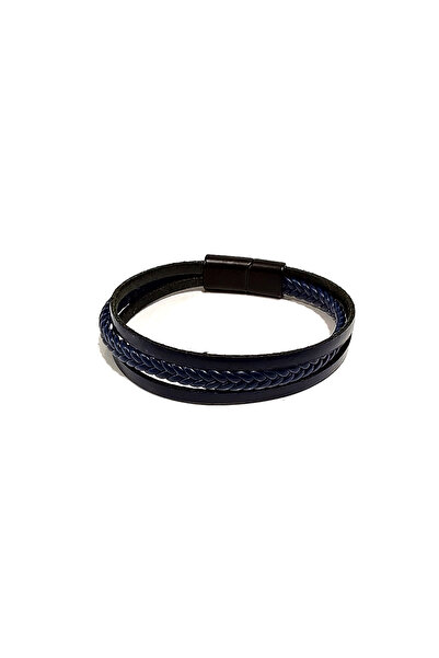 Herşey Nota Navy Blue Genuine Leather Braided Cord Men's Bracelet |   Magneti...