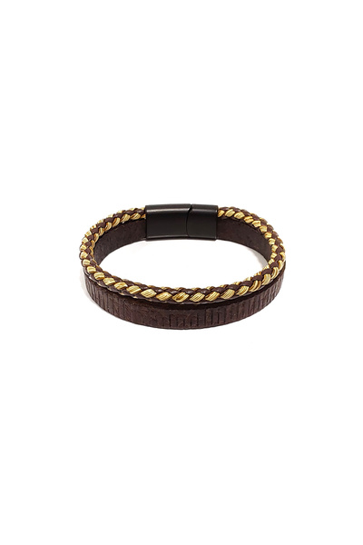 Herşey Nota Gold Line Brown Genuine Leather & Braided Men's Bracelet |   Gold...