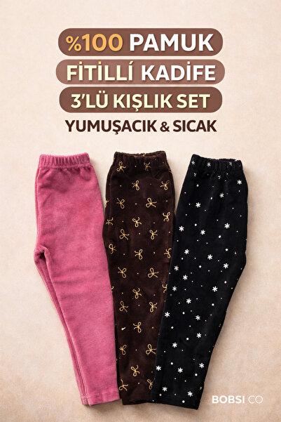BOBSİ CO Devojčice, set od 3 komada leggina od 100% pamučnog samta sa uzorkom